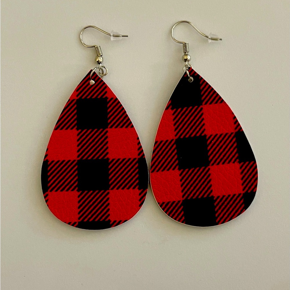 NEW Buffalo Plaid Faux Leather Teardrop Earrings